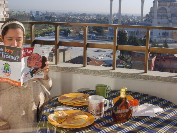 syrup on table overlooking mosque