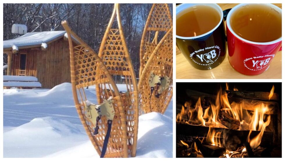 snowshoes, a bonfire, and hot cider in cups