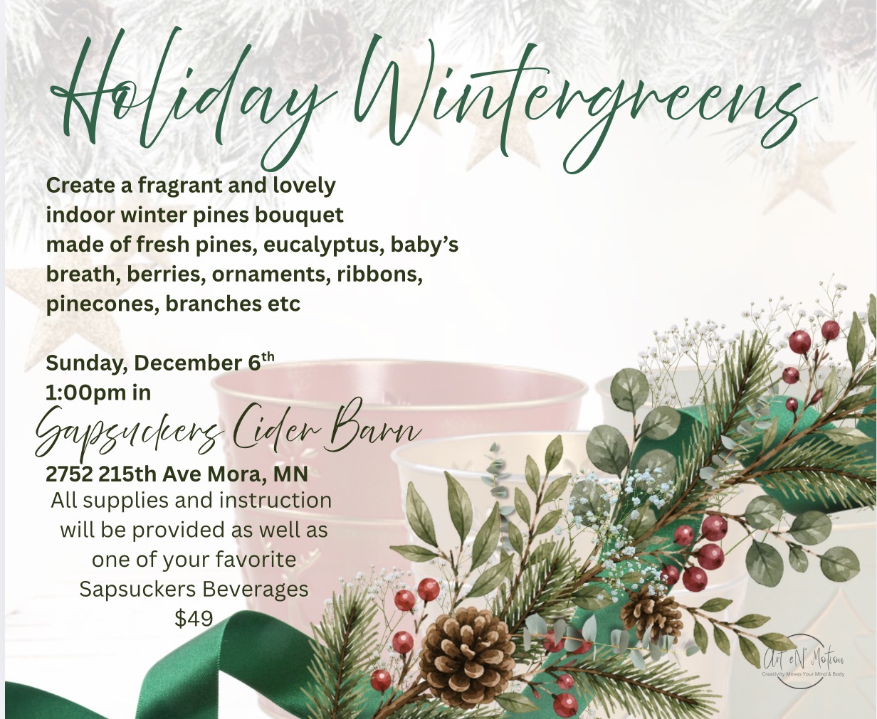 12/6 1PM Holiday Wintergreens Bouquet Class $49